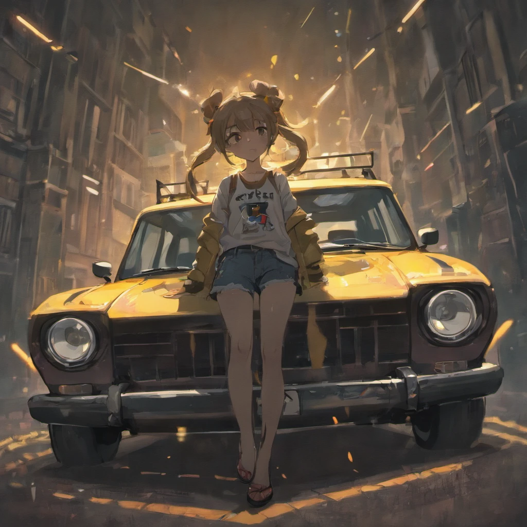 Anime girl standing on a car in a city street - SeaArt AI