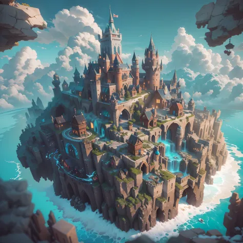 ((Best quality)) , ((Masterpiece)) , (Detailed) , (Artgerm inspired:1.2) , （Floating castle:1.3），(Isometric 3D art of pumice castle:1.2),Mana Floating Island, Floating city in the sky, （Colored clouds:1.2） Fantasy art, Flashy effect，fantasy cityscape, fant...