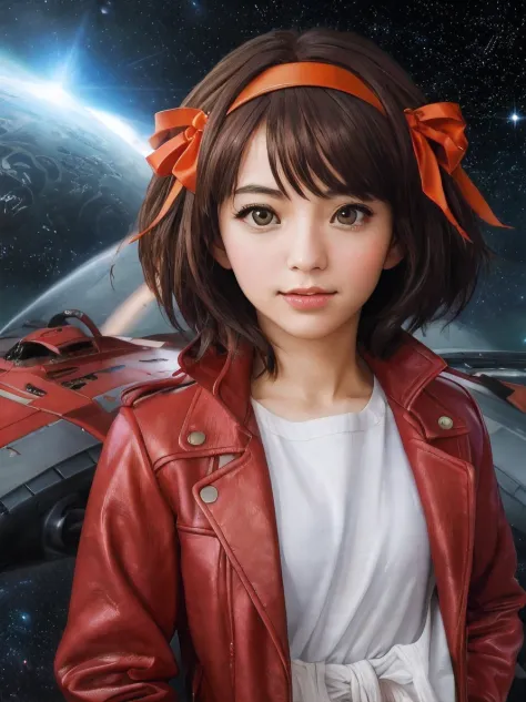 (highres, best quality:1.2), 1girl, radiance,  upper body, Haruhi Suzumiya as Starlord, guardians of the Galaxy, red leather coa...