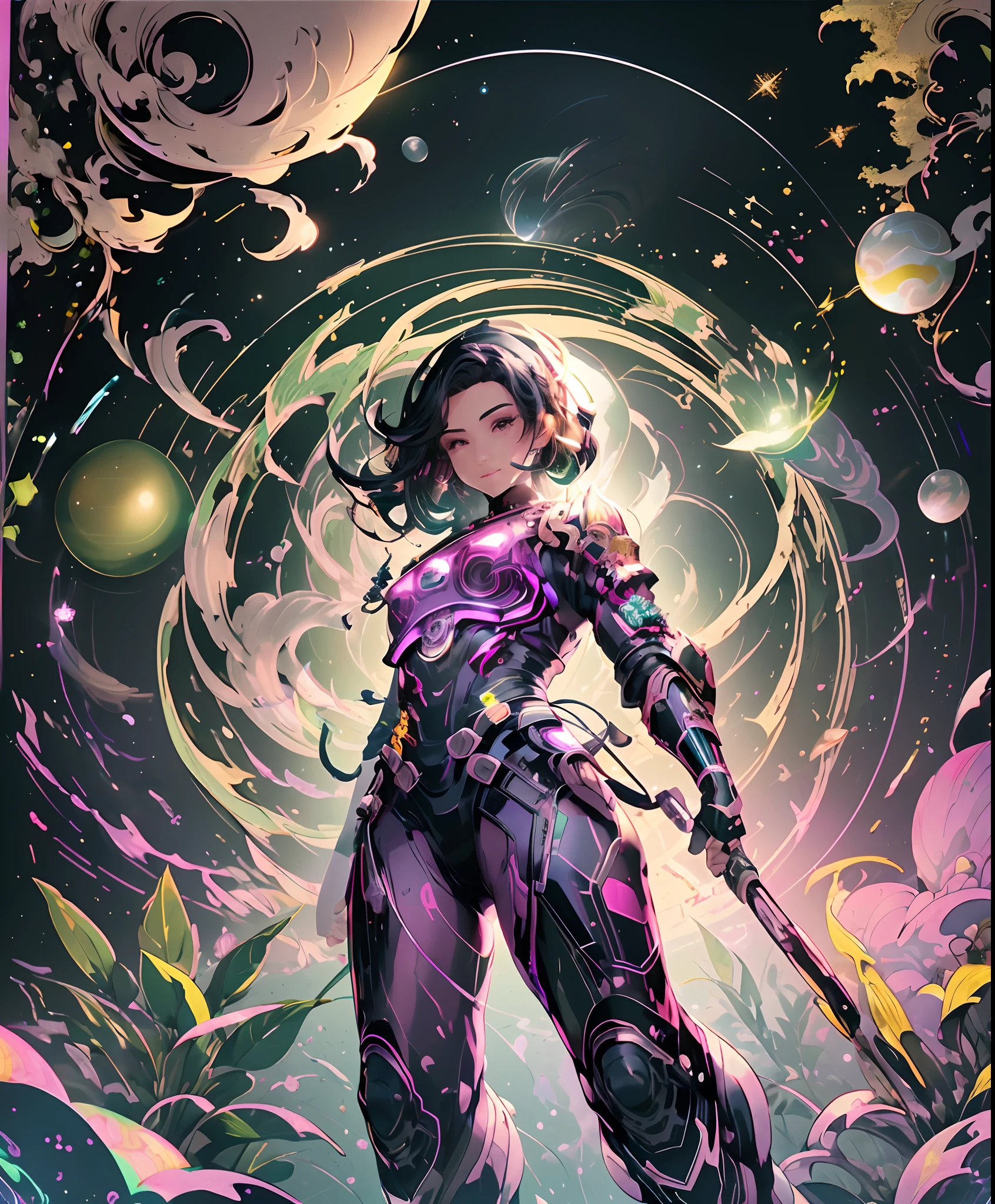 (best quality,4k,8k,highres,masterpiece:1.2),ultra-detailed,(realistic,photorealistic,photo-realistic:1.37),Aesthetic,retro wave,glitch art,Vaporwave girl in astronaut suit,edgy,neon colors,purple and pink color scheme,80s style,futuristic,cool,retro-futurism,sparkling stars,galaxy background,reflective surface,shiny helmet,beautiful detailed eyes,long eyelashes,smiling,peaceful expression,confident pose,standing tall,holding a sparkling gem,cosmic accessories,space-themed graffiti,bright lights,soft shadows,glowing outlines,ethereal atmosphere,tranquil garden setting,neon plants and flowers,vintage computer monitors,floating geometric shapes,experimental vibes,audio cassette tapes,glittering rain,visual storytelling.