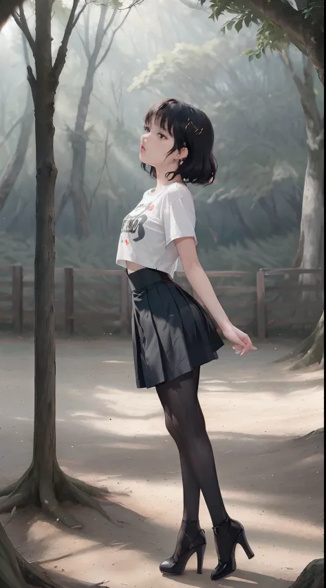 ((Lisa from Blackpink)), t-shirt, tiny pleated skirt, waist-high black tights, high heels, face close-up, very fair skin, short hair, wavy hair, camp, forest, photorealistic, indirect lighting, volumetric light, ray tracing, hyperdetailed, best quality, hi...
