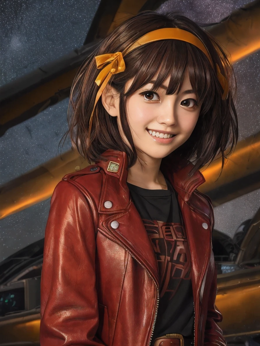 (highres, best quality:1.2), 1girl, radiance,  upper body, Haruhi Suzumiya as Starlord, guardians of the Galaxy, red leather coat,  suzumiya haruhi, solo, brown hair, short hair, brown eyes,  hairband, medium hair, ribbon, mischievous grin, cowboy shot, ((photo)), 8k, japanese teenage girl, starry sky