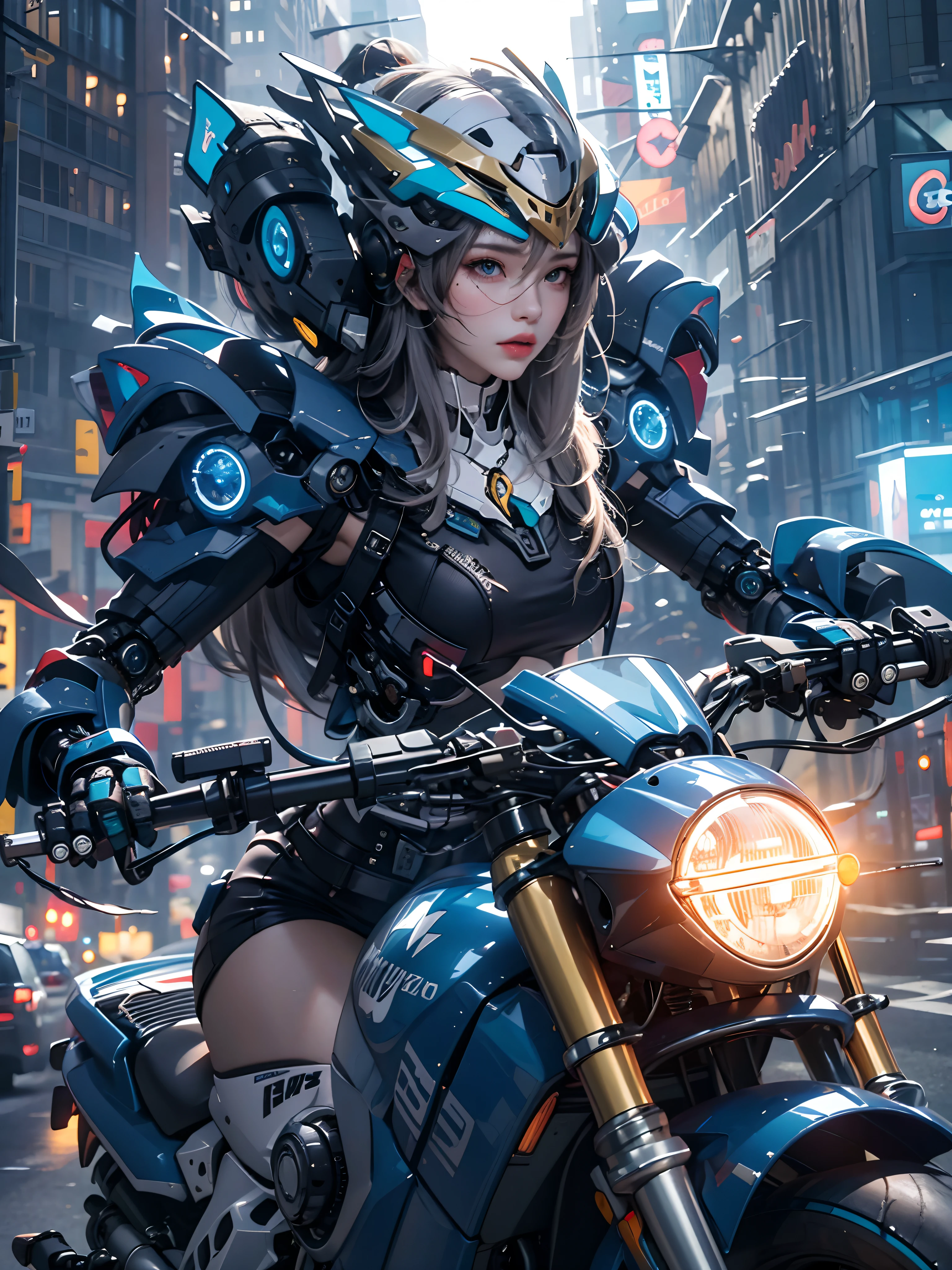 最高影像品質, 突出的细节, 超高解析度, (現實主義: 1.4), 最好的例证, 青睐细节, 高度浓缩的 1girl, 面容清秀, 身著黑藍機甲, 戴著機甲頭盔, 持有方向控制器, 騎摩托車, 背景是未來城市的高科技燈光場景.