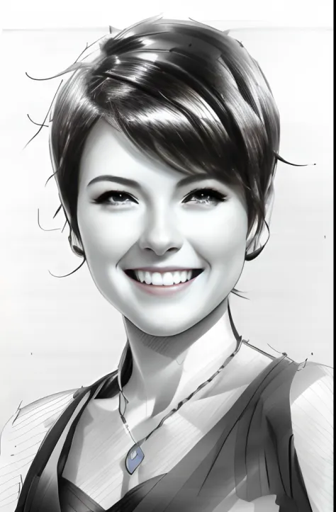4k , smiling young woman, looking at camera, short black hair, formal attire ((pencil sketch))