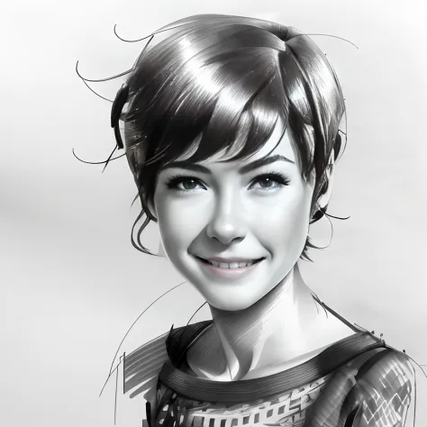 4k , smiling young woman, looking at camera, short black hair, formal attire (((pencil sketch)))