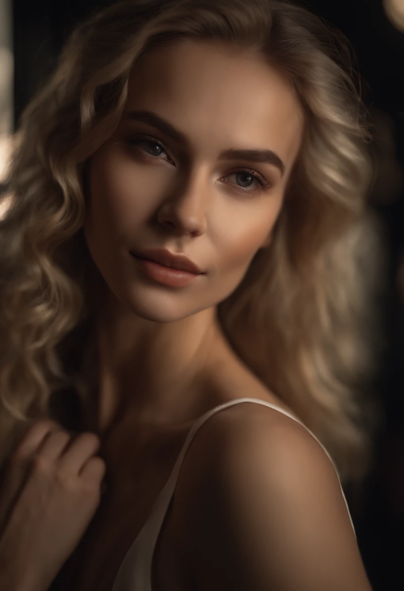 RAW, analog, Nikon Z 85mm,((best quality)), ((masterpiece)), ((realistic)), gorgeous russian woman, blond, 18 year old, in a nightclub, wearing a dress, smile with teeth showing, ((small breasts)), intricate details, highly detailed, sharp focus, professional, 4k, stunning brown eyes, ,strong chin big ramus dnot defined jawline  huge strong cheekbones highset cheekbones big eyes. great face projection highres, detailed facial features, high detail, sharp focus, smooth, extremely detailed, photo_\(ultra\), photorealistic, realistic, post-processing, max detail, roughness, real life, ultra realistic, photorealism, 8k uhd, SEMI-SILHOUETTE light, slavic face, long blon hair, beautiful hair, real face face
