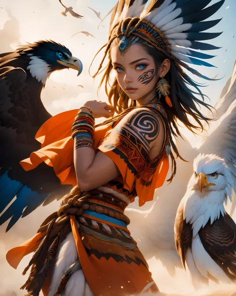 masterpiece, cowboy shot, (1woman), (1 eagle behind her), (tribal dress:1.2), (beautiful blue eyes), ((tribal (eagle) tattoo)), ...