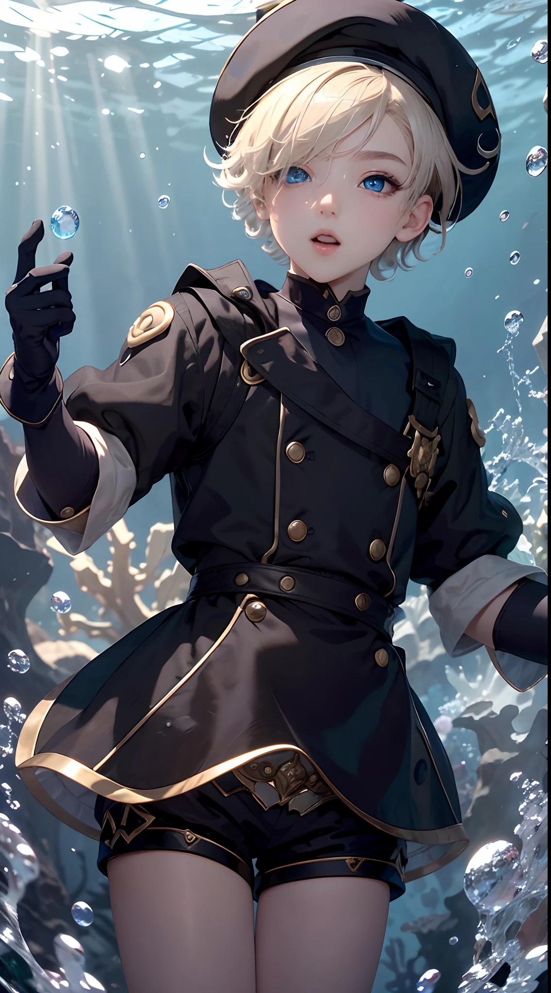 freminet, 1 boy, solo, looking at viewer, short hair, open mouth, blue eyes, gloves, hat, parted lips,  hair over one eye, black headwear, beret, bubble, one eye covered, underwater, reaching towards viewer, air bubble, shorts, black shorts