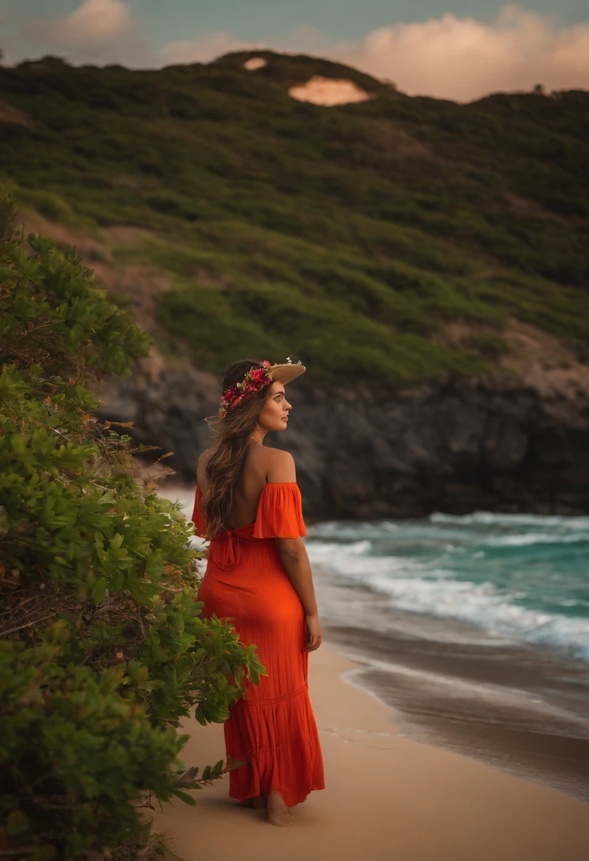 A woman in a red dress standing on a beach next to the ocean - SeaArt AI