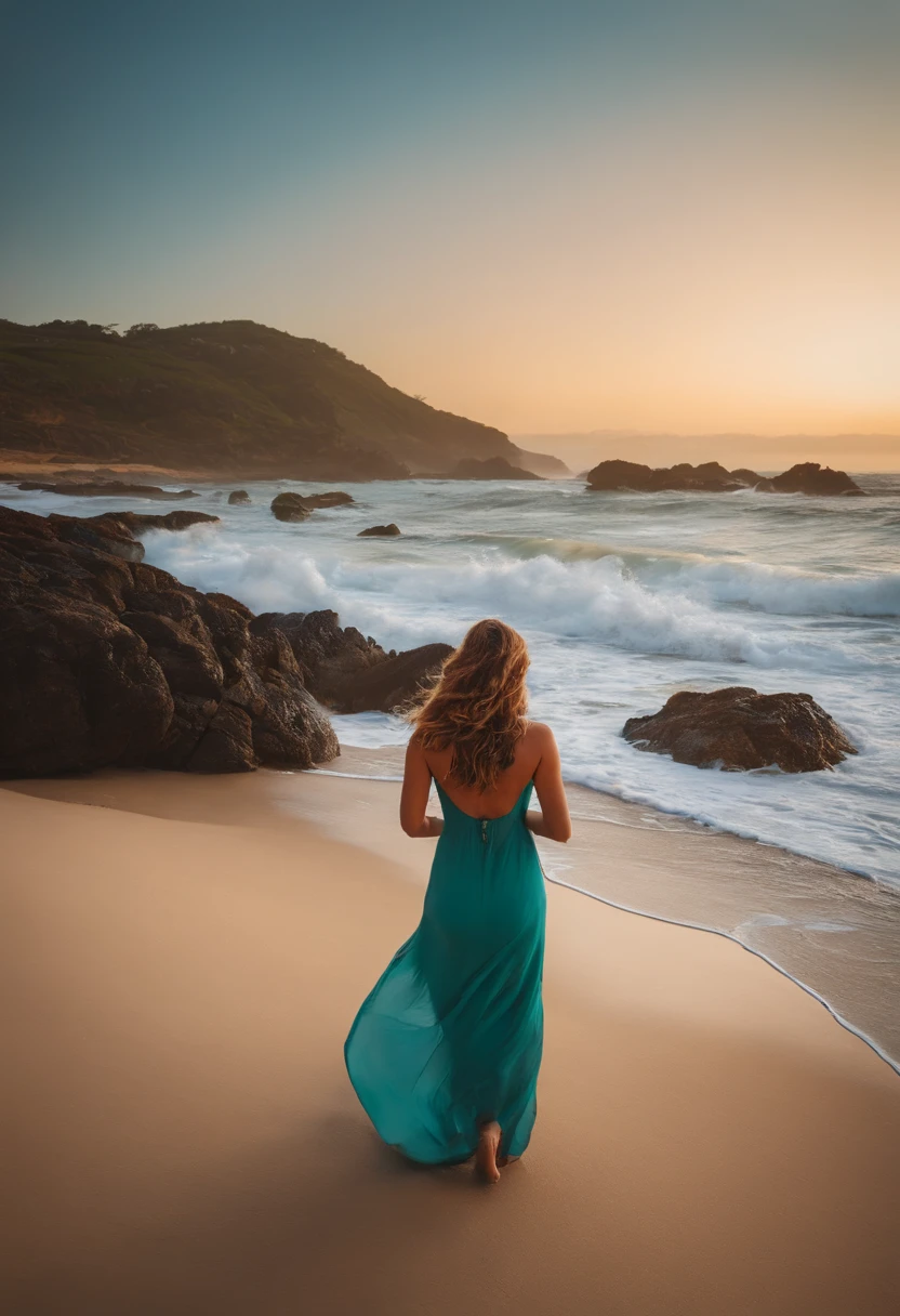 A woman in a blue dress walking along a beach at sunset - SeaArt AI