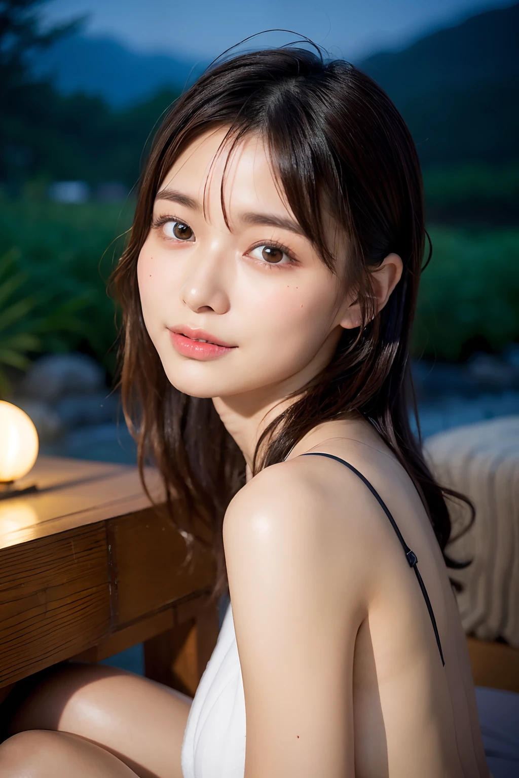 (natta:1.7), East Asian Architecture, 1womanl,Sitting on tatami mats, brunette color hair，（hair between eye）, Lip flap,  sixteen years old、(Beautiful shiny straight short long:1.2),Beautiful fingers,Beautiful long legs,Beauty Body，Cute nose，Beautiful character design，perfect  eyes，face perfect，looking at viewert，（Innocent_Big_Eyes：1.0），（light_Smile：0.3），offcial art，Very detailed CG Unity 8K wallpaper，Perfect litthing，highly colorful，Bright_front_Face_Lighting，（tmasterpiece:1.0),(best_quality:1.0), 超A high resolution,4K,ultra - detailed, photography of, 8K, nffsw, hight resolution, absurderes:1.2, Kodak Portra 400, film grains, the background is blurred, Bokeh:1.2, Lens Flare Glow, ( Vibrant_Color:1.2) (Beautiful,Large_breasts:1.4), (Beautiful_Face:1.5),(narrow_waist-up),8K,Raw photo, 、Relax at a ryokan in Japan、The background is the open-air bath at night at a hot spring inn (Girls are not subjects:1.3) (Hair after a bath:1.3),((Naked with a bath towel wrapped around the side:1.3)) ,(Hair is wet:1.3) (There are only two small lights in the open-air bath.:1.3) ((You can see the beautiful starry sky and the moon:1.3)),((For an open-air bath along a mountain stream、There is a beautiful wooden dressing room surrounded by Japan gardens and large rocks.:1.3)),((Deeply depicting a wide hot spring landscape:1.2),((There are only two small lights in the open-air bath.:1.3))((Girls are not subjects:1.2))((Widely depict the background:1.2)