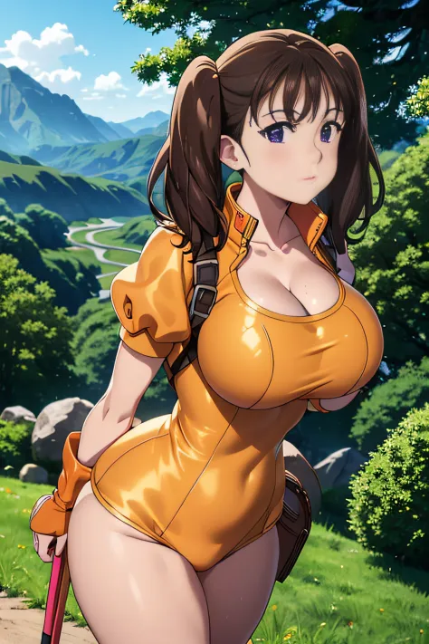 8K，hightquality，​masterpiece，1girll, SOLO, purple eyes, brown hair, seven deadly sins, diane, breasts, giantess, giant, twintails, cleavage, orange leotard, large breasts, leotard, gloves, fingerless gloves, blush, backpack, bag, outdoors, nature, single g...