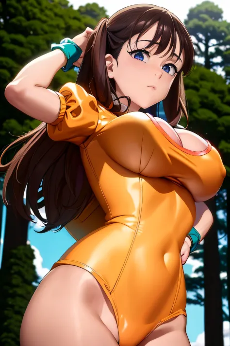 nsfw:1.3, 8K，hightquality，​masterpiece，1girll, SOLO, purple eyes, brown hair, seven deadly sins, diane, breasts, inverted_nipples, twintails, cleavage, orange leotard, large breasts, leotard, gloves, fingerless gloves, blush, backpack, bag, outdoors, natur...