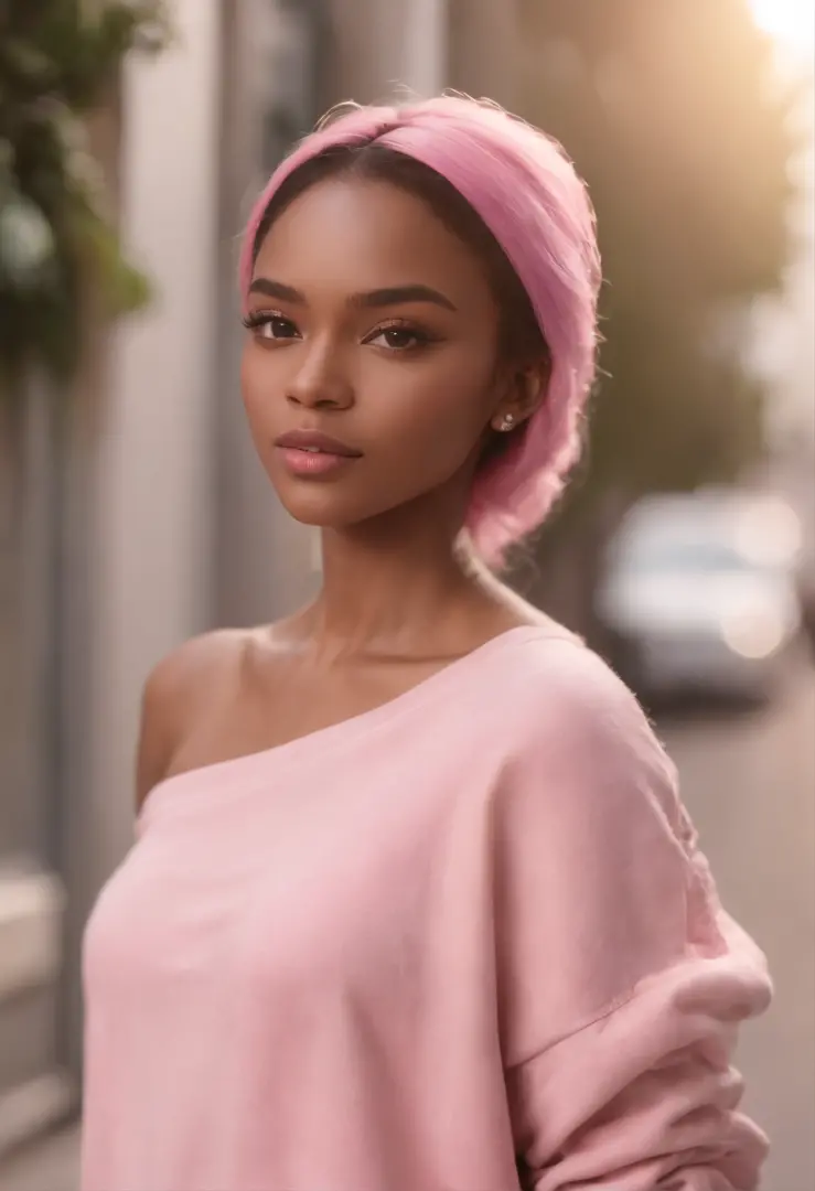 ultra realistic photo, full body, best quality, masterpiece, black woman inspired by Barbie, black skin, beautiful face, wearing jeans: 0.91 and black sweatshirt, realistic smooth skin, ultra realistic skin, pastel neon, night, dynamic lighting, on a stree...