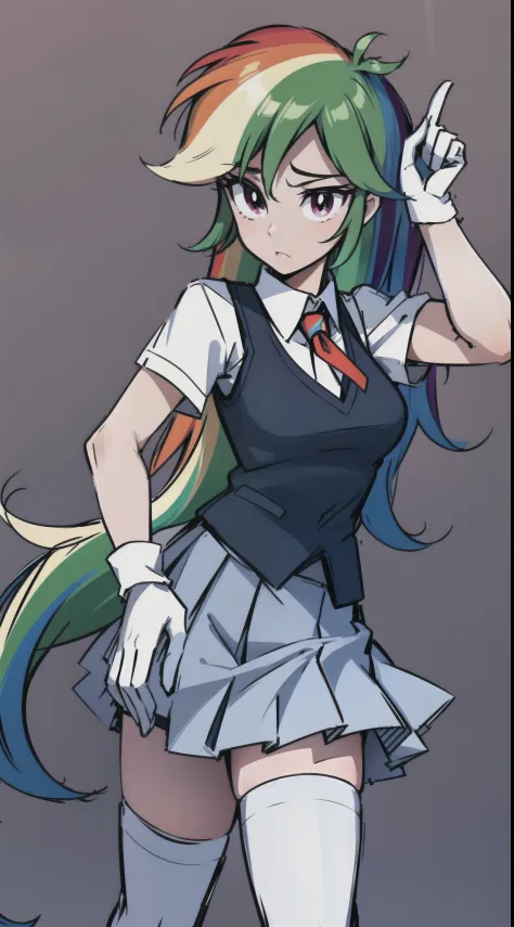 Rainbow Dash, Rainbow Dash of My Little Pony, Rainbow Dash as a girl, 1girl, solo, (school uniform, sweater vest, short sleeves, white gloves, elbow gloves, pleated skirt, white thighhighs), pose, posing, full body