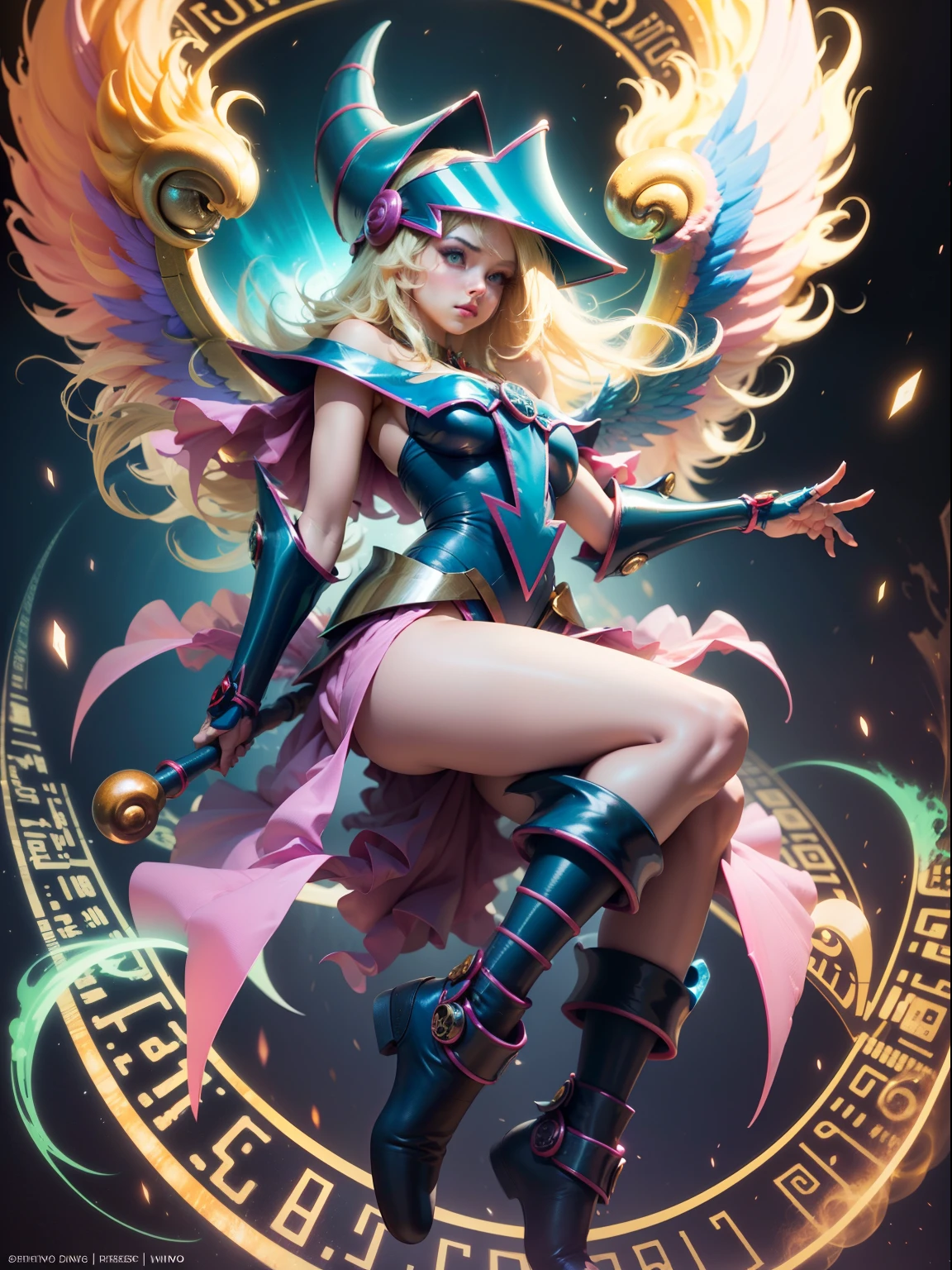 Hermosa jóven dark magician girl:2 Versión ángel con alas abiertas:1, Brillante y brillante ser angelical, Grandes alas doradas brillantes:3 Mandala divino, alas etéreas, alas de ángel épicas, Alas angelicales infinitas, Futuristic robot angel, Motor de renderizado irreal + una diosa, Alas hechas de luz, El Fénix Solar Punk. Motor irreal, Genial. Dark magician girl versión angel. Levitando en un fondo griego. Columnas, estatuas.