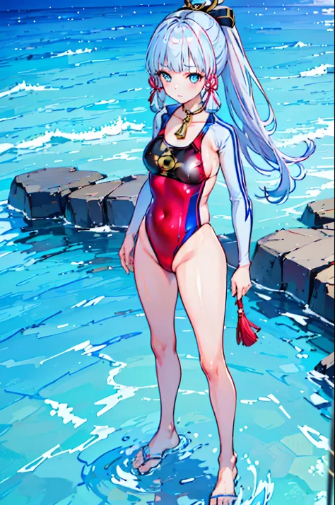 (masterpiece), best quality, expressive eyes, perfect face, silver hair, 1 girl, kamisato Ayaka genshin impact, wearing red swimsuit bikini, beach day, absurdres, high res, ultrasharp, 8K, masterpiece, perfect hands, perfect eyes,