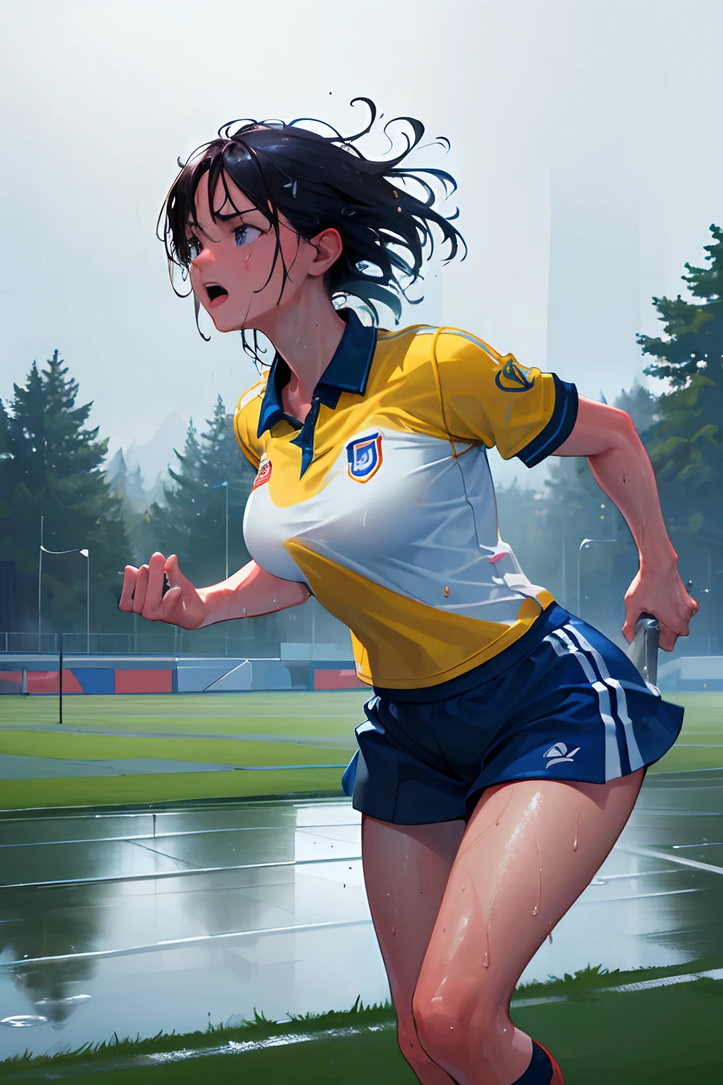(best quality, highres:1.2, ultra-detailed, realistic:1.37), vibrant colors, dynamic lighting, rainy day, 2 girls, field hockey, wet hair, intense concentration, splashing water, action shots, grass stains, muddy ground, wet turf, determination, fast-paced game, athletic physique, shiny hockey sticks, wet uniforms, raindrops, blurred movement, focus on the ball, intense competition, skillful dribbling, energetic play, teamwork, powerful shots, wet pitch, passionate sports, fierce determination, wet atmosphere, flowing movements, emotional expressions, challenging conditions, dramatic lighting, women's sport, dedicated athletes, exciting game, perseverance, adrenaline rush, speed and agility, spirited play, wet splashes