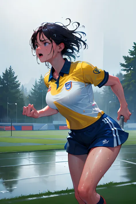 (best quality, highres:1.2, ultra-detailed, realistic:1.37), vibrant colors, dynamic lighting, rainy day, 2 girls, field hockey,...