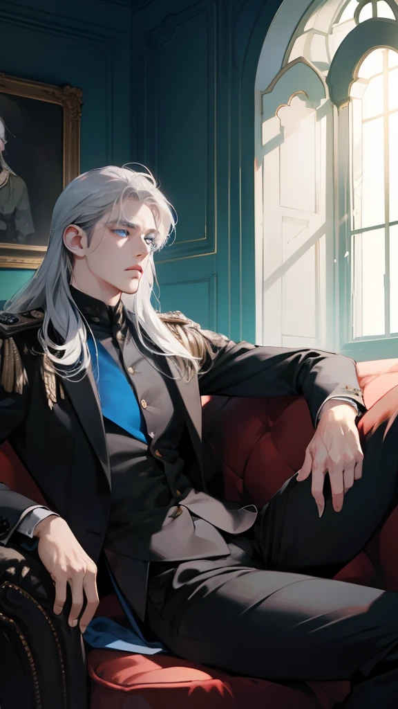 masterpiece, best quality, realistic, 1man, mature male, quiet and charming young man, 28 years old, serious look, extremely detailed face, ((ice blue eyes)), ((long sliver hair)), [thick eyebrows], emperor, detailed background, ((suit)), cinematic lighting, looking at the audience, posture dynamics, smirk, blue cape, black suit, black pants, (Silver-haired, blue-eyed man, relaxing on the sofa by the window, :1.5), (masterpiece, top quality, best quality, beautiful illustration, official art, wide angle, beautiful and aesthetic,1 man,:1.5), Masterpiece Background Midnight, Darkness, Dark Room, Dark tone, castle, castle windows, Moonlight, (Moonlight Only: 1.5), Invincible Smile, Bewitching, long hair