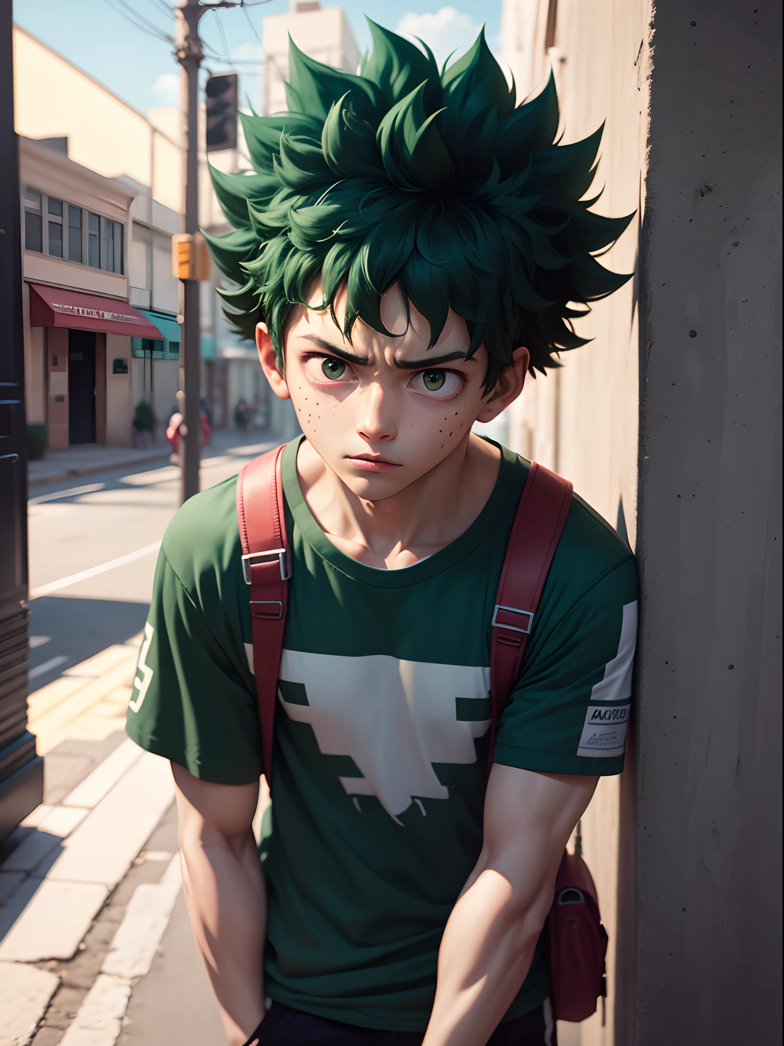 (Midoriya_Izuku), tir à moitié du corps, vêtement de rue, un beau garçon, frontal, inquiet,dans la rue, très détaillé, élevé réel, 4k, Super détail, garçon animé, Style animé.