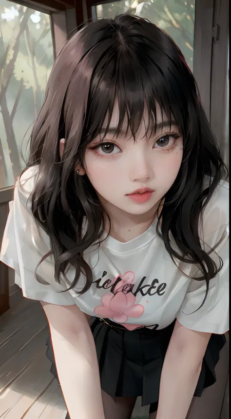 ((Lisa from Blackpink)), t-shirt, tiny pleated skirt, exposed_pink_panties, black pantyhose to the waist, high heels, close-up from thighs to face, very light skin, very long hair, wavy hair, camp, forest, photorealistic, indirect lighting, volumetric ligh...