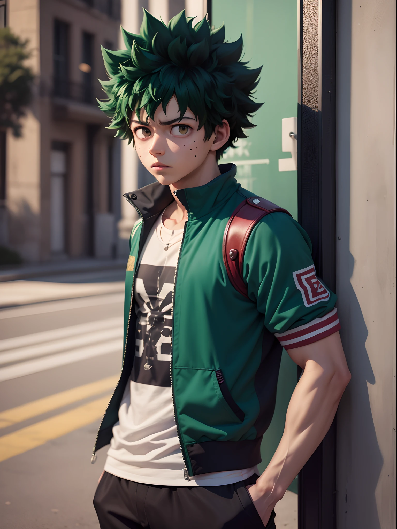 (Midoriya_izuku), tiro de medio cuerpo, ropa de calle, Un chico guapo, frontal, preocupado,en la calle, Detalle súper alto, real alto, 4k, Súper detalle, chico anime, estilo animado.