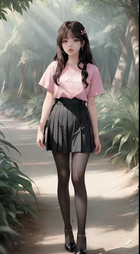 ((Lisa from Blackpink)), very tall girl, t-shirt, tiny pleated skirt, exposed_pink_panties, black pantyhose to the waist, high heels, very light skin, very long hair, wavy hair, camp, forest, photorealistic, indirect lighting , volumetric light, ray tracin...