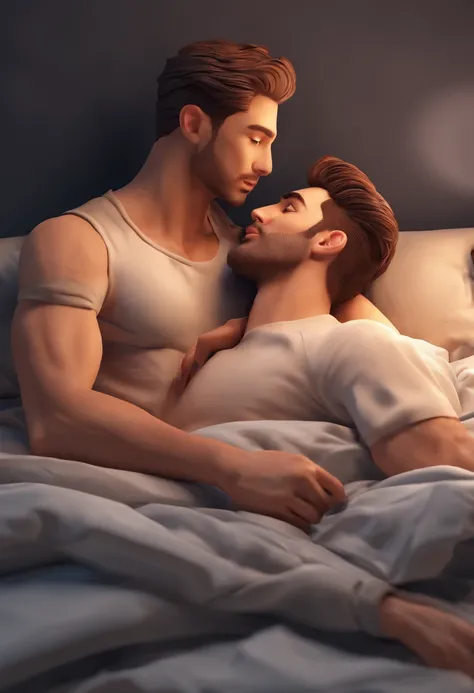 Gay，Two 17-year-old guys in bed passionate，Kiss each other，no clothes are  worn - SeaArt AI