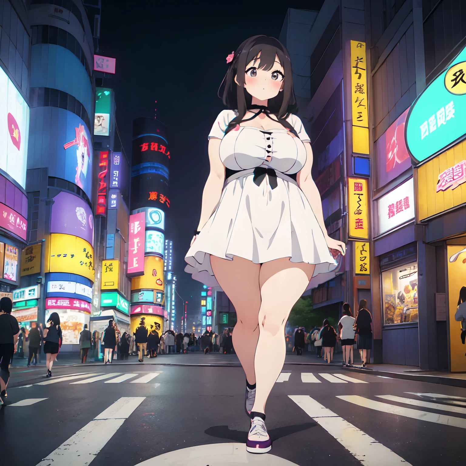 Anime girl in white dress walking across a busy city street - SeaArt AI