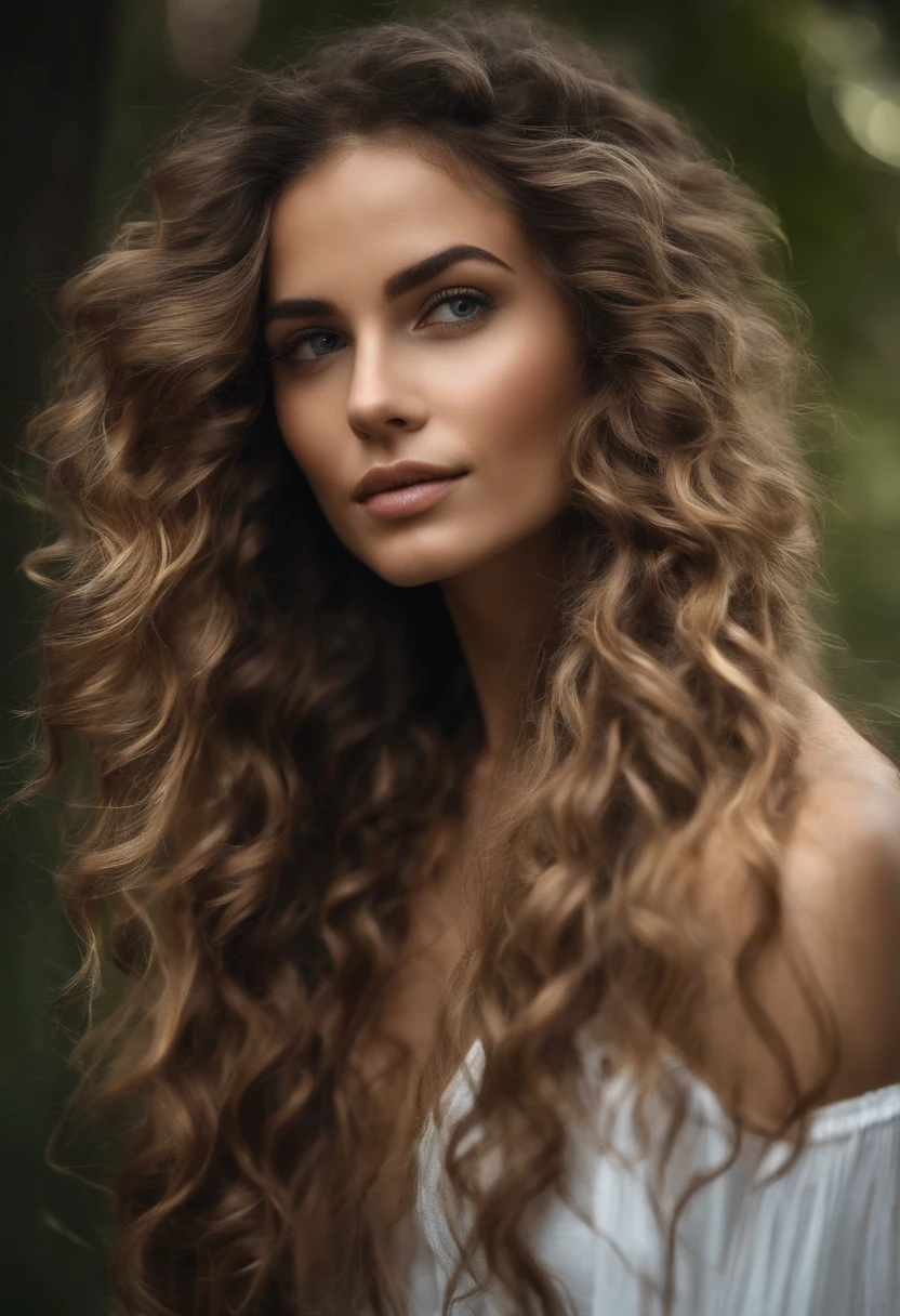 A woman with long curly hair wearing a white dress - SeaArt AI