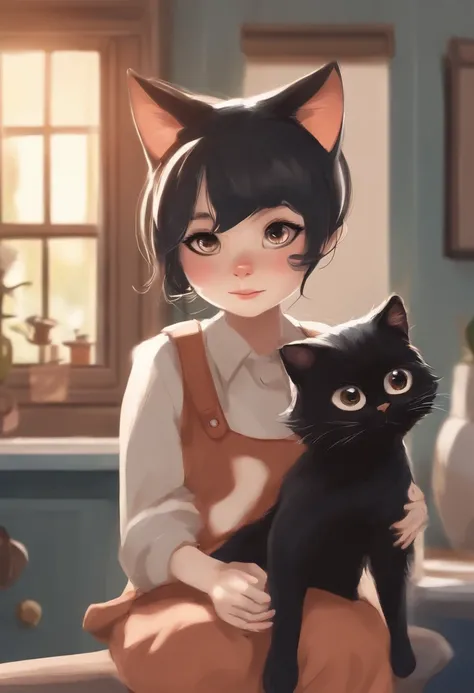 Anime girl with black cat sitting on counter in kitchen - SeaArt AI