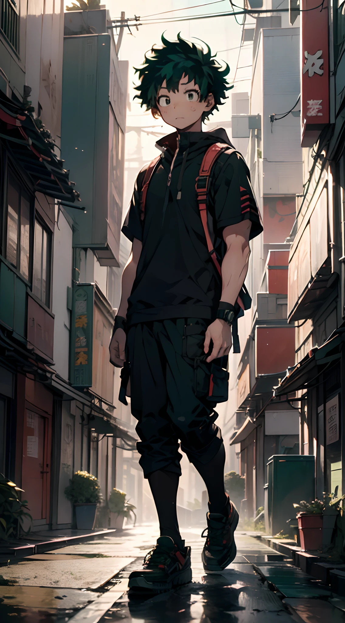 (Midoriya_izuku), tiro de cuerpo completo, mirar al espectador, ropa de calle, Un chico guapo, frontal, Pelo verde, en la calle, Detalle súper alto, real alto, 4k, Súper detalle, chico anime, estilo animado, fondo de la ciudad ciberpunk