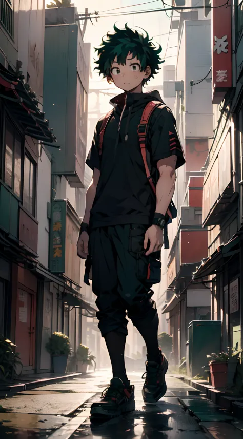 (midoriya_izuku), full body shot, look at viewer, street wear, A handsome boy, frontal, green hair, on the street, super high de...