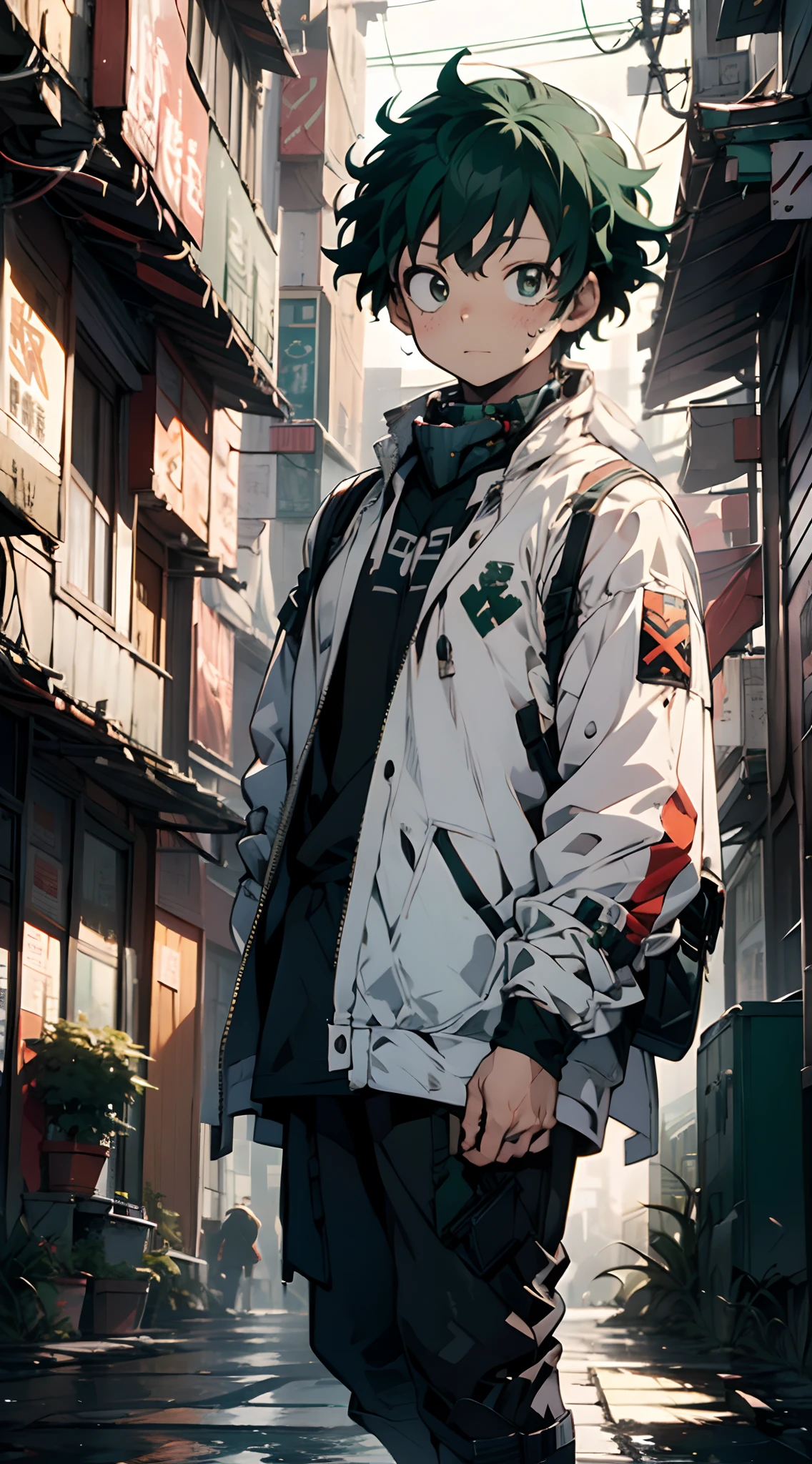 (midoriya_izuku), (high resolution), (ultra detailed), full body shot, look at viewer, street wear, A handsome boy, frontal, green hair, on the street, super high detail, high real, 4K, super detail, anime boy, anime style, cyberpunk city background