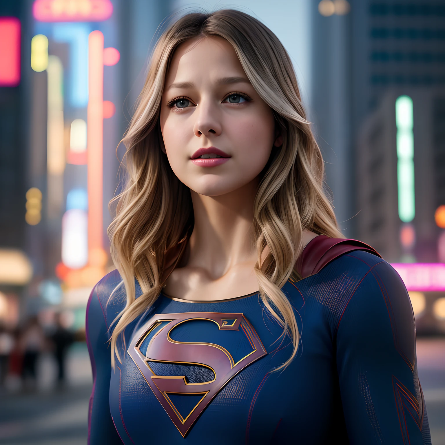unreal engine 5, realistic, official art, unity 8k wallpaper, ultra detailed, beautiful and aesthetic, beautiful, masterpiece, best quality, (zentangle, mandala, tangle, entangle), 1girl, mature, mellisabenoist-smu, (Melissa benoist as supergirl, blonde hair), (background in the style of cyberpunk realism, photo taken with provia, street style realism, light silver and light maroon, grandparentcore, detailed facial features), colour matching, zeiss lens, Cinematic scene full body shot, detailed, ultra realistic, award winning, Sony a7R, octane render