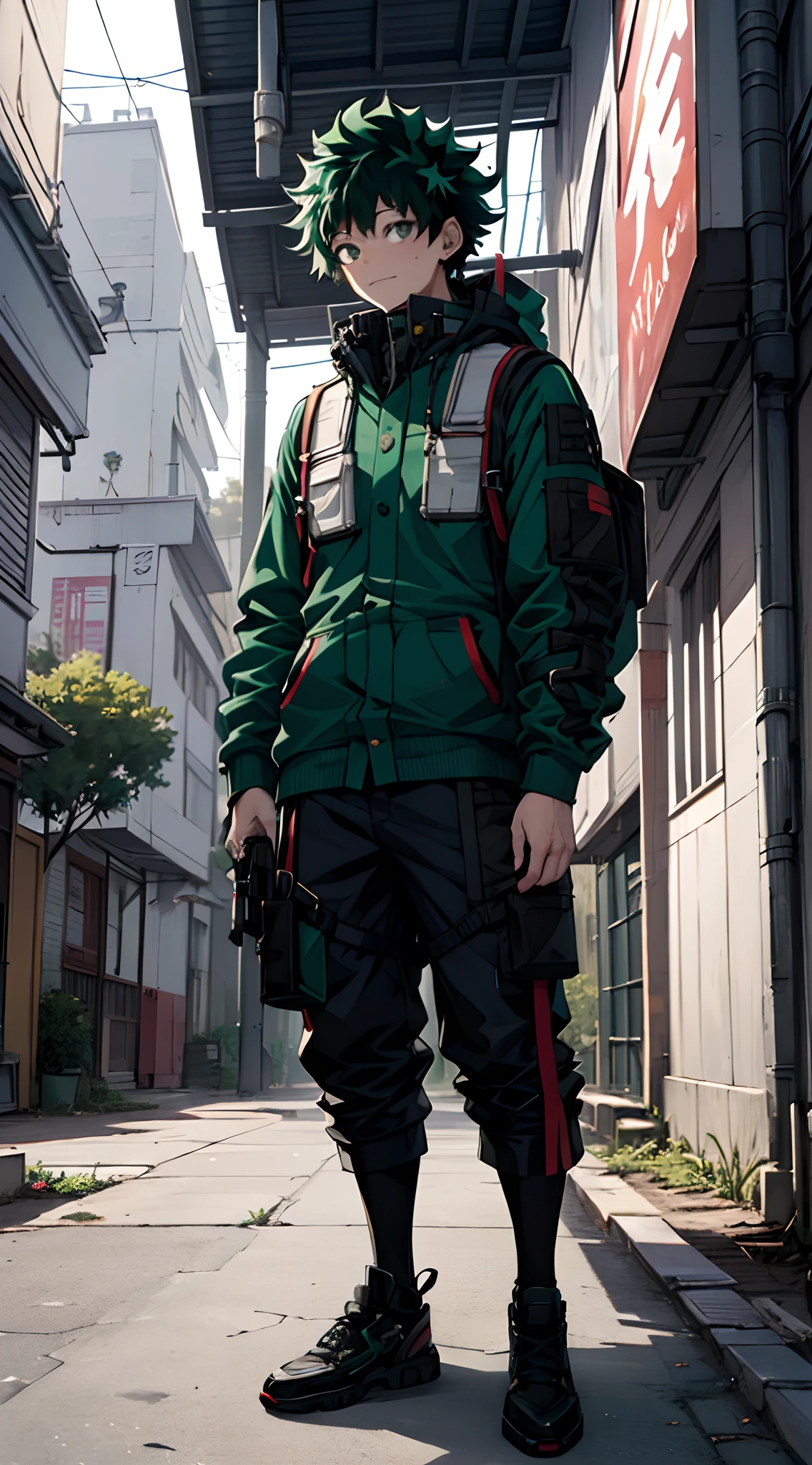 (Midoriya_Izuku), (Haute résolution), (ultra détaillé), photo de tout le corps, regarde le spectateur, vêtement de rue, Un beau garçon, Frontale, cheveux verts, dans la rue, très détaillé, élevé réel, 4K, super détail, garçon animé, Style animé, fond de ville cyberpunk