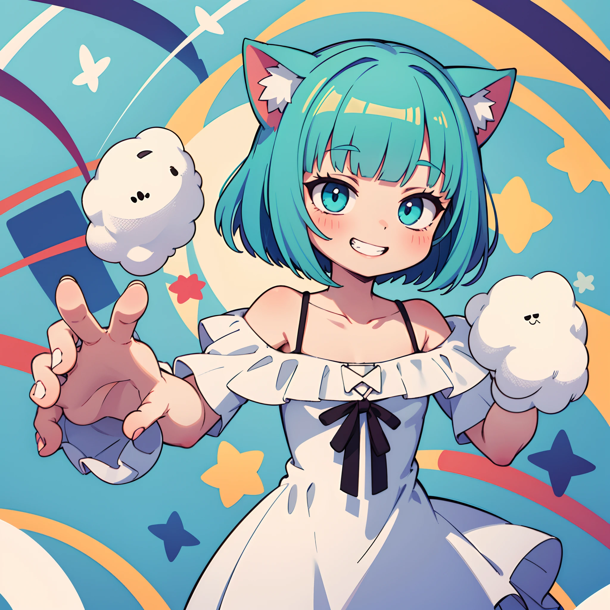 portrait of solo catgirl, short fluffy turquoise hair in a wavy bob-cut, grin, smile, hands behind back, (white off-shoulder sundress), cute neko pose, colorful background, blobs, masterpiece