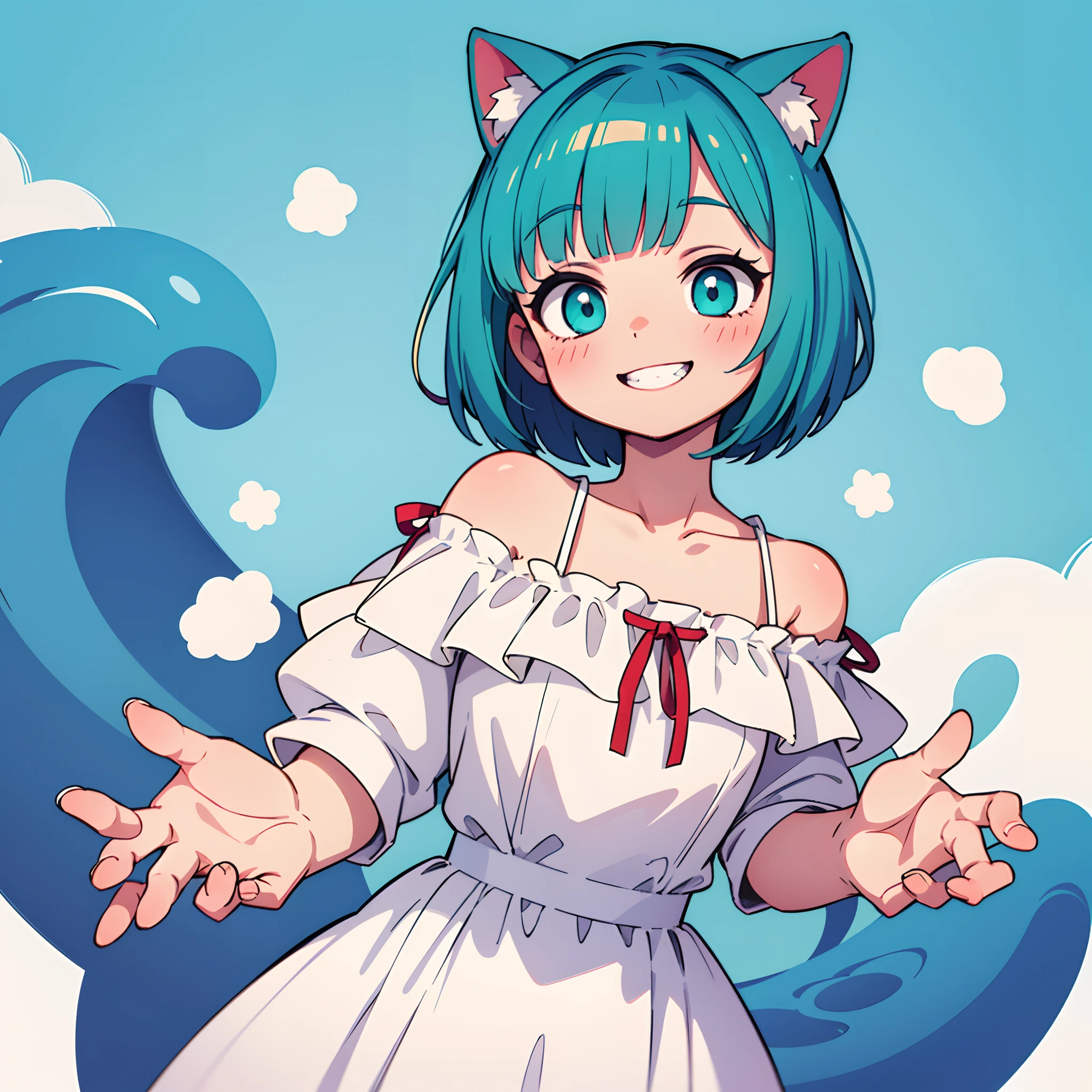 portrait of solo catgirl, short fluffy turquoise hair in a wavy bob-cut, grin, smile, hands behind back, (white off-shoulder sundress), cute neko pose, colorful background, blobs, masterpiece