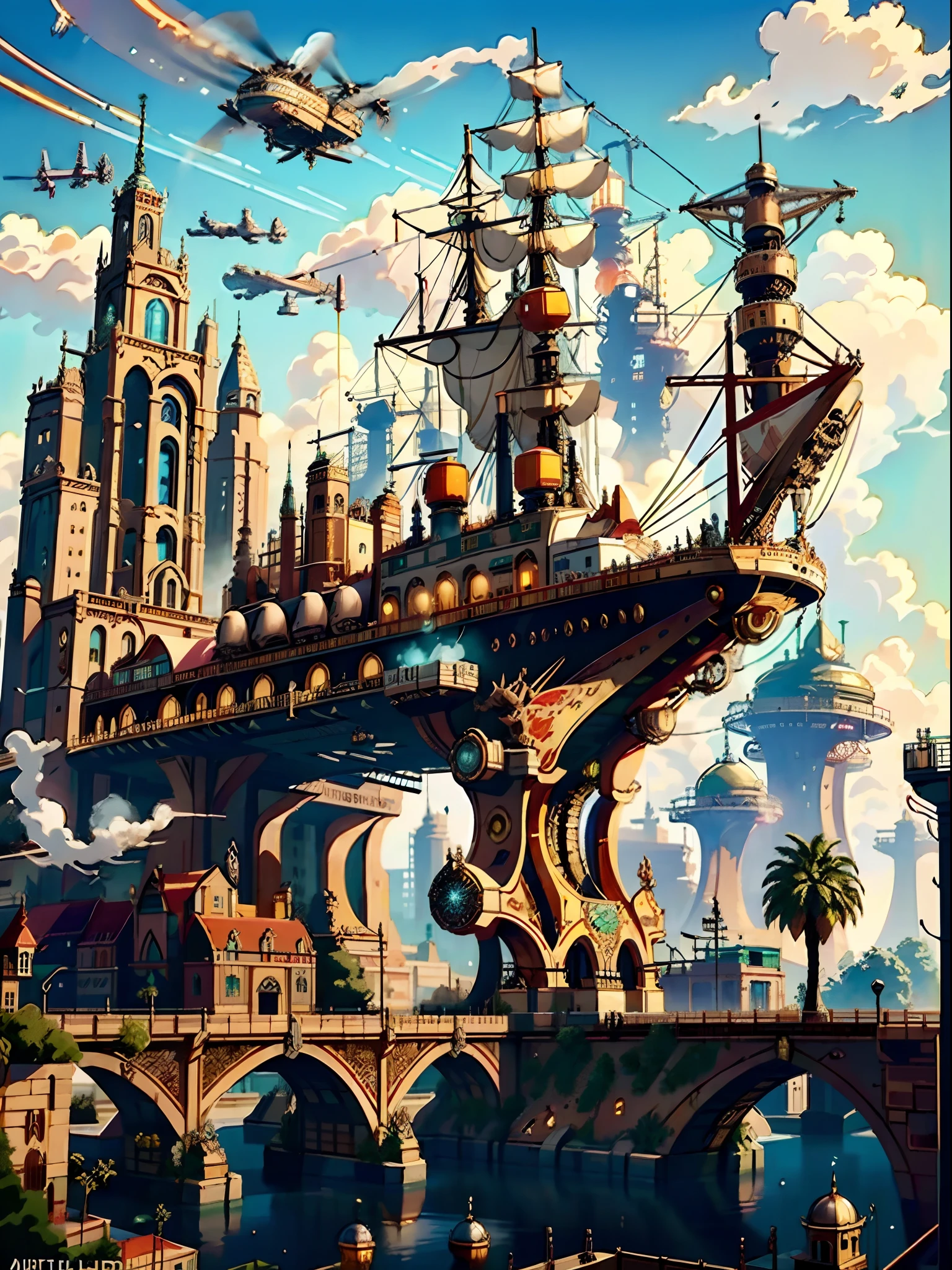 (((best quality))),(((ultra detailed))),(((masterpiece))), illustration, A steam punk city full of copper-green buildings, with steam vehicles and airships shuttling on the streets, and steam robots and ships carrying smoke filling the sky. Full shot photo of the most beautiful artwork in the world featuring steam punk city with airship, steam vehicles, smoke-filled sky, intricate details, high resolution, trending on social media, Instagram-worthy, futuristic, industrial, mechanical, vintage, retro-futuristic, cyberpunk, trending on ArtStation, trending on CGSociety, sci-fi, adventure, mystery, excitement, trending on DeviantArt.