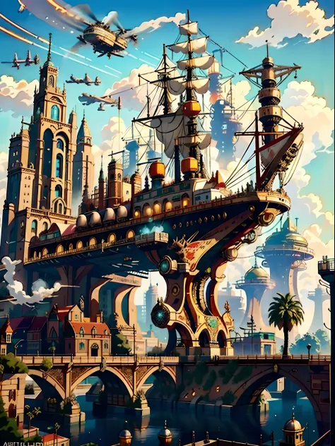 (((best quality))),(((ultra detailed))),(((masterpiece))), illustration, a steam punk city full of copper-green buildings, with ...