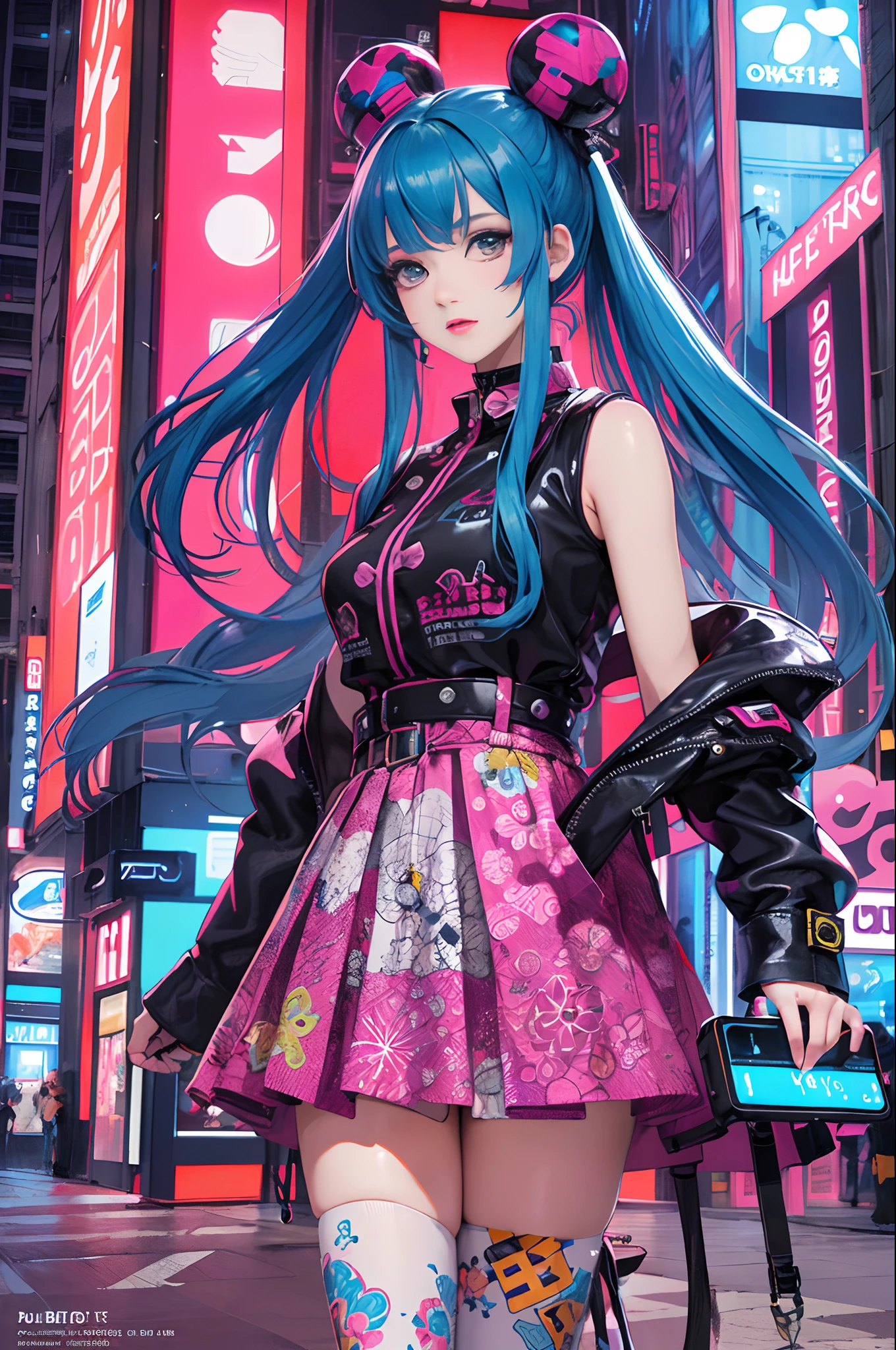 An anime ilustração of a cyberpunk girl, Olhando para o visualizador, tiro de vaqueiro, 
Garota confiante com expressão levemente atrevida, ((Roupa pop inspirada em Harajuku)), Cores e padrões ousados, acessórios atraentes, penteado moderno e inovador, maquiagem vibrante, (pose dinâmica), paisagem urbana Cyberpunk futurista e ordenada, arranha-céus, Placas de neon, luzes LED brilhantes, esquema de cores brilhantes e vívidas, anime, ilustração,  Lindo rosto detalhado, detalhes intrincados, ultra detalhado.