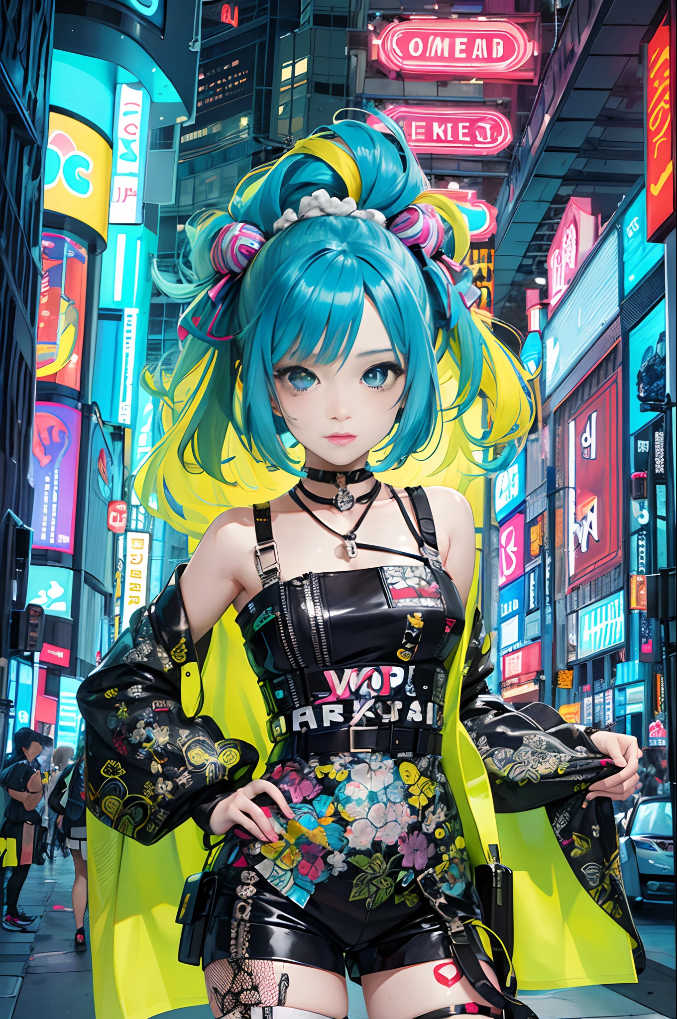 An 日本卡通 插圖 of a cyberpunk girl, 看著觀眾, 牛仔射擊, 
自信的女孩，表情略帶颯爽, ((原宿風格的流行服裝)), 大膽的色彩和圖案, 引人注目的配件, 時尚創新的髮型, 充滿活力的妝容, (動態姿勢), 未来有序、耀眼的赛博朋克城市景观, 摩天大樓, 霓虹燈, 發光的 LED 燈, 明亮生動的配色方案, 日本卡通, 插圖,  美麗細緻的臉, 複雜的細節, 超詳細.