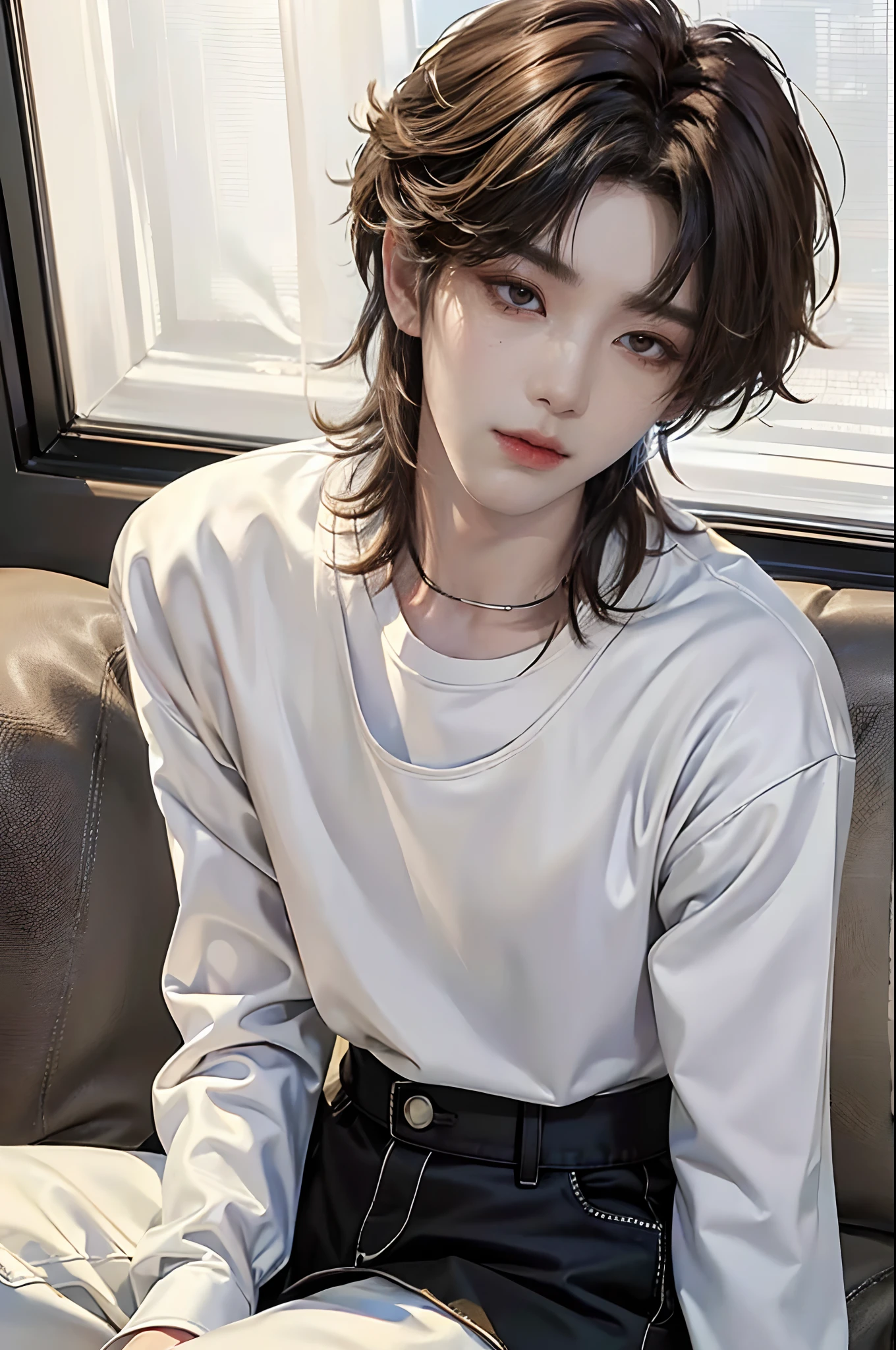​masterpiece、（top-quality)、((high-level image quality))、One Manly Boy、Slim body、((White Y-shirt and long black pants))、(Detailed beautiful eyes)、September Night Road、sitting on a curb、Face similar to Chaewon in Ruseraphim、((short hair above the ears))、((Smaller face))、((Neutral face))、((Light brown eyes))、((Korean boy))、((18year old))、((Handsome man))、((Wild look))、((Korean Makeup))、((elongated and sharp eyes))、((Sit next to the viewer))、((shot from a side angle))、((The upper part of the body))、((Close-range shooting))