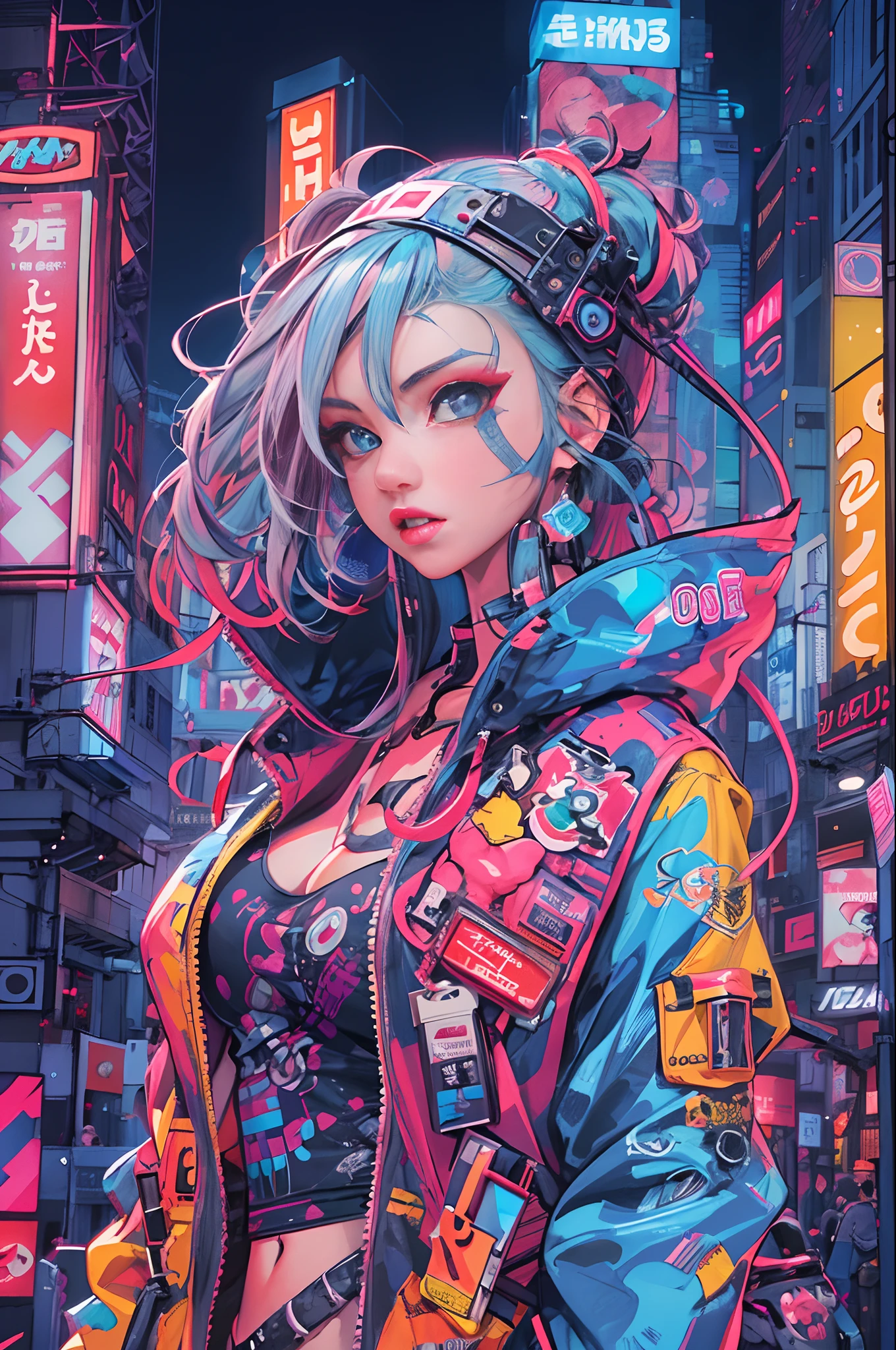 An anime illustration of a cyberpunk girl, looking at viewer, cowboy shot, confident cyberpunk girl with sassy expression, ((Harajuku-inspired pop outfit)), bold colors and patterns, eye-catching accessories, trendy and innovative hairstyle, vibrant makeup, (dynamic pose), futuristic and orderly dazzling Cyberpunk cityscape, skyscrapers, neon signs, glowing LED lights, bright and vivid color scheme, anime, illustration,  beautiful detailed face, intricate details, ultra detailed.