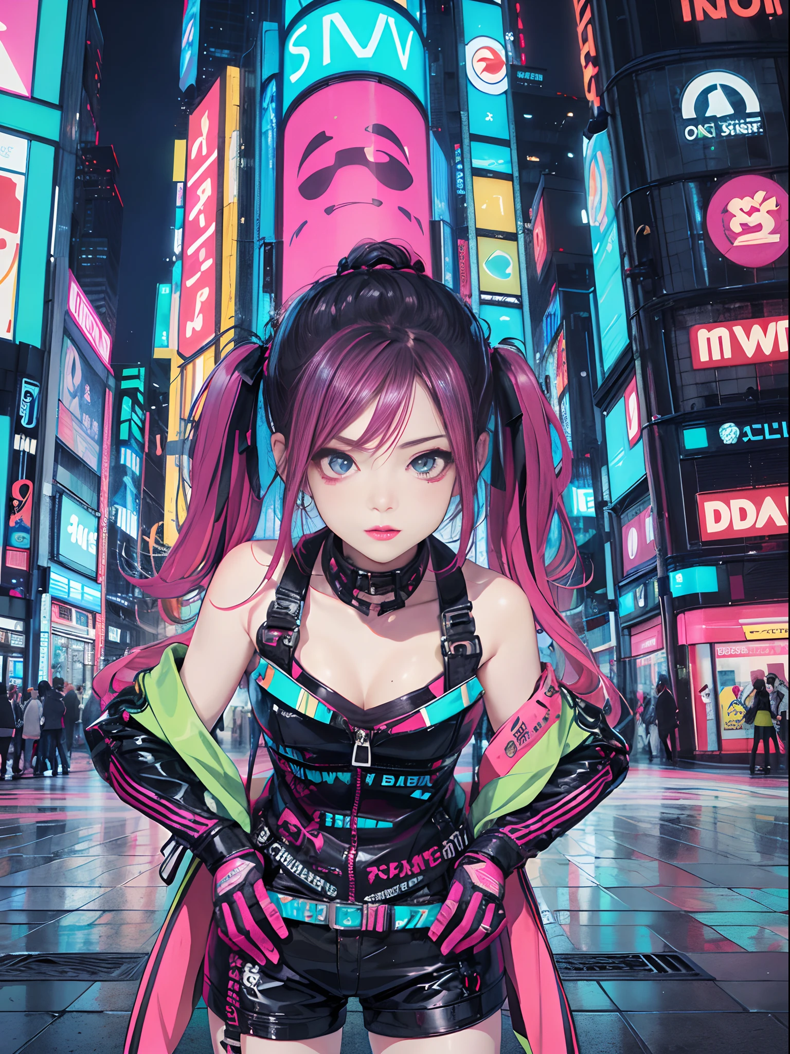 An アニメ 図 of a cyberpunk girl, 視聴者を見る, カウボーイショット, 自信に満ちたサイバーパンク少女、生意気な表情, ((原宿風のポップな衣装)), 大胆な色彩と模様, 目を引くアクセサリー, トレンディで革新的なヘアスタイル, 鮮やかなメイク, (ダイナミックなポーズ), 未来的で整然としたまばゆいばかりのサイバーパンクの街並み, 高層ビル, ネオン・サイン, 光るLEDライト, 明るく鮮やかな配色, アニメ, 図,  (美しい細部までこだわった顔), 複雑な詳細, 超詳細.