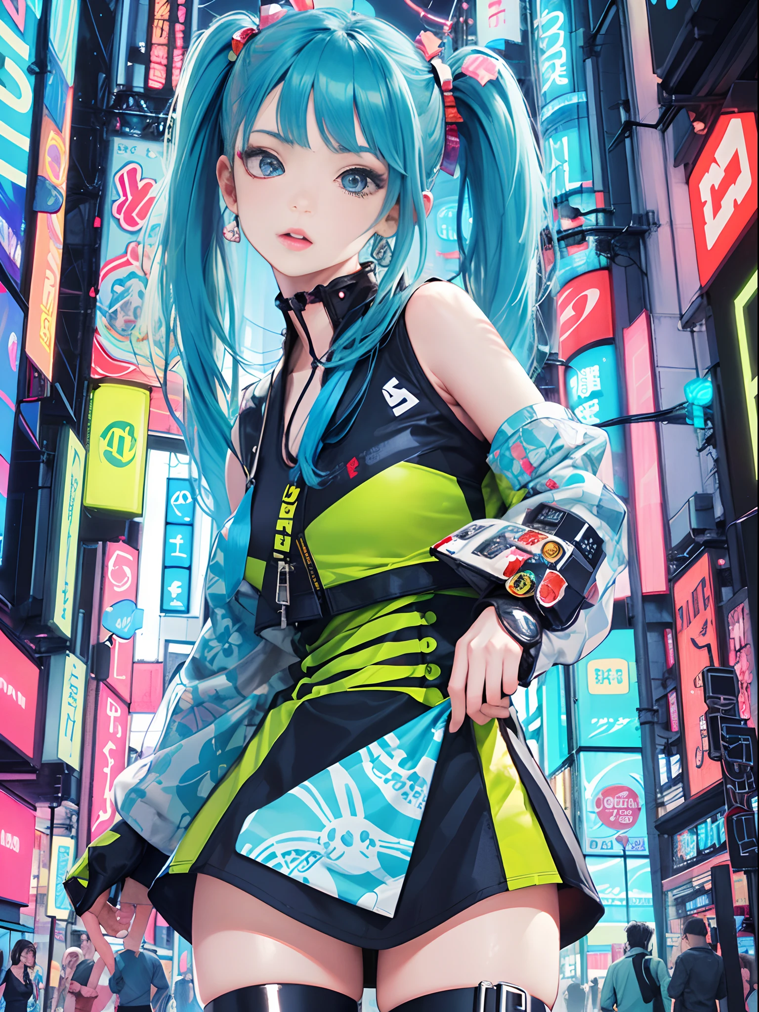 An animé illustration of a girl, regarder le spectateur, tir de cow-boy, fille cyberpunk confiante avec une expression impertinente, ((Tenue pop d&#39;inspiration Harajuku)), couleurs et motifs audacieux, des accessoires accrocheurs, coiffure tendance et innovante, maquillage vibrant, ((pose dynamique)), paysage urbain cyberpunk futuriste éblouissant, grattes ciels, enseignes au néon, lumières LED lumineuses, palette de couleurs vives et vives, animé, illustration, (beau visage détaillé), détails complexes, ultra détaillé.