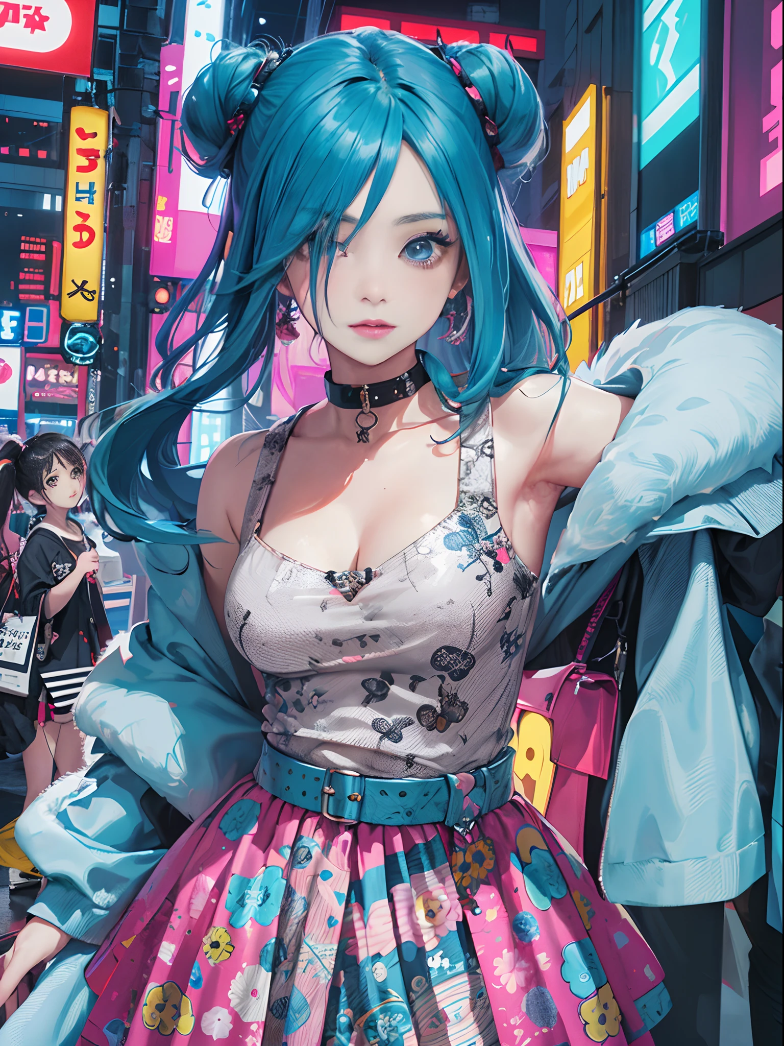 An Anime-Serie Illustration of a girl, Betrachter betrachten, Cowboy-Schuss, Selbstbewusstes Cyberpunk-Mädchen mit frechem Gesichtsausdruck, ((Harajuku-inspiriertes Pop-Outfit)), kräftige Farben und Muster, auffällige Accessoires, Trendy und innovative Frisur, lebendiges Make-up, ((dynamische pose)), futuristisches, schillerndes Cyberpunk-Stadtbild, Wolkenkratzer, Leuchtreklamen, leuchtende LED-Lichter, Helles und lebendiges Farbschema, Anime-Serie, Illustration, (schönes detailliertes Gesicht), komplizierte Details, Extrem detailliert.