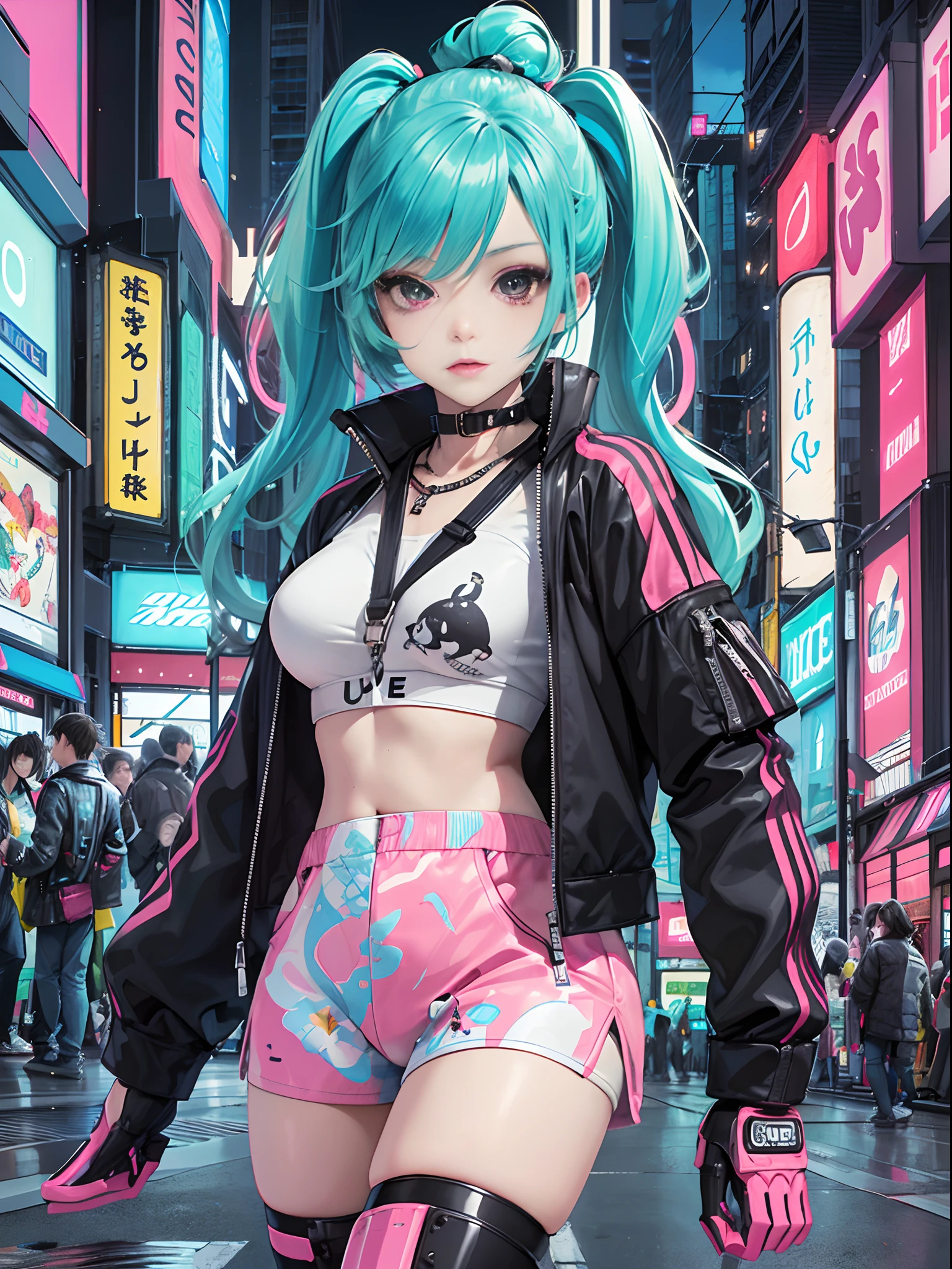 An animé illustration of a girl, tir de cow-boy, fille cyberpunk confiante avec une expression impertinente, ((Tenue pop et veste tech inspirées de Harajuku)), couleurs et motifs audacieux, des accessoires accrocheurs, coiffure tendance et innovante, maquillage vibrant, ((pose dynamique)), paysage urbain cyberpunk futuriste éblouissant, grattes ciels, enseignes au néon, lumières LED lumineuses, palette de couleurs vives et vives, animé, illustration, (beau visage détaillé), détails complexes, ultra détaillé.