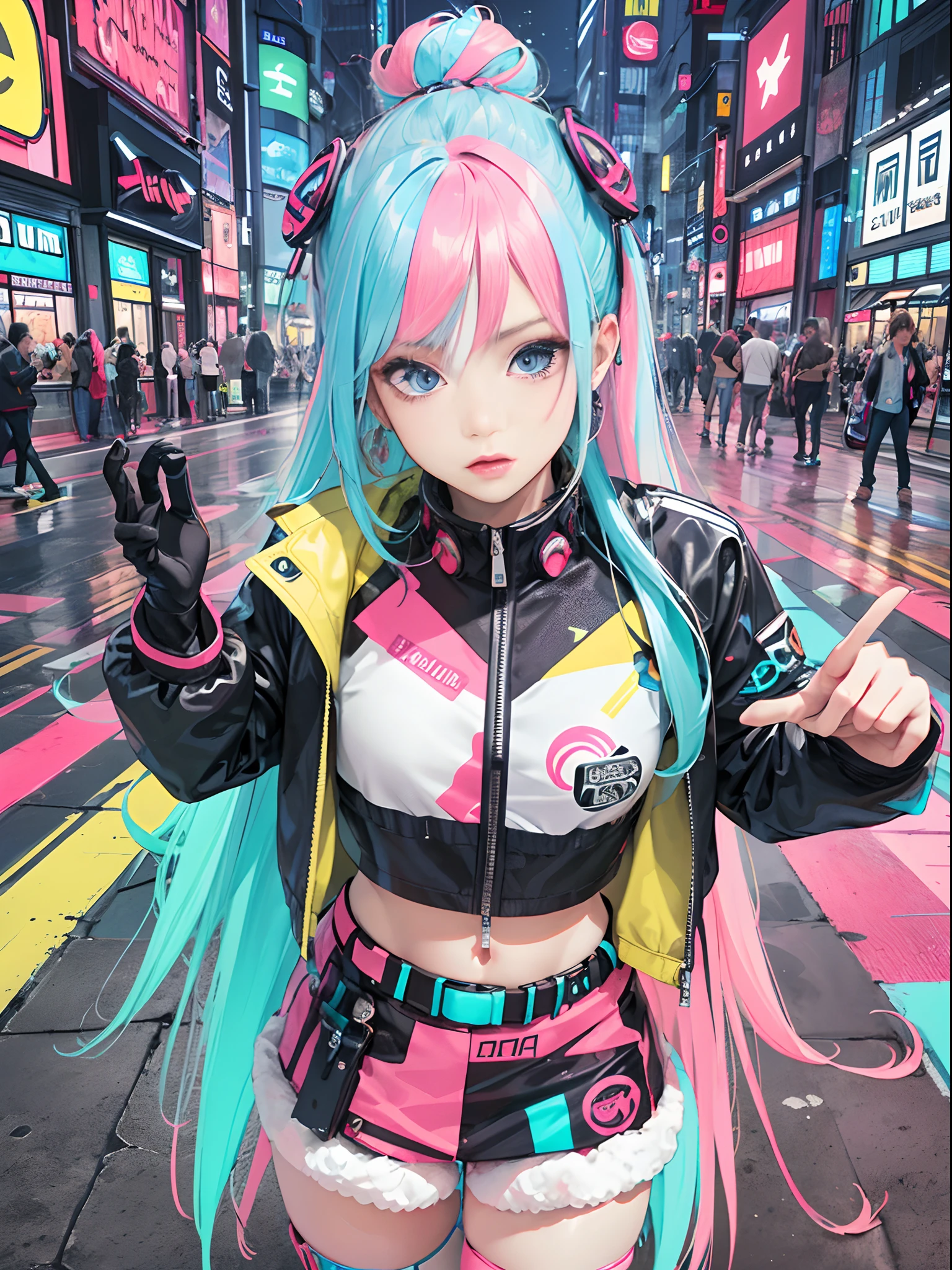 An animado ilustración of a girl, tiro de vaquero, Chica ciberpunk segura con expresión atrevida, ((Traje pop inspirado en Harajuku y chaqueta tecnológica)), colores y patrones atrevidos, accesorios llamativos, peinado moderno e innovador, maquillaje vibrante, ((pose dinámica)), futurista deslumbrante paisaje urbano cyberpunk, rascacielos, señales de neón, luces LED brillantes, combinación de colores brillantes y vivos, animado, ilustración, (hermoso rostro detallado), detalles intrincados, ultra detallado.